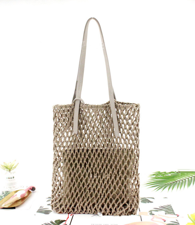 Leather Bottom Cotton Thread Net Pocket Hand tie Hollow Straw Woven Bag Gray - Shop at LoveMi