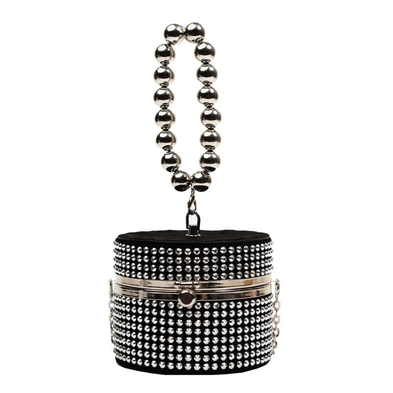 Fashion Rhinestone Personality Ins Chain Pearl Oblique Body Cylinder Bag Female Silver - Shop at LoveMi