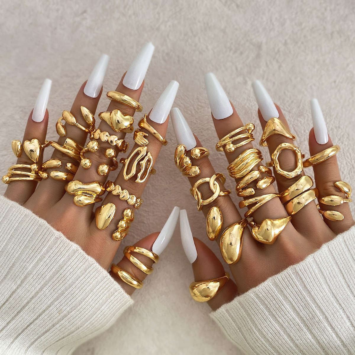 30 Pcs Gold Rings, Cross-border Geometric Alloy Lava Line Rings, Irregular Polished Open Band Rings