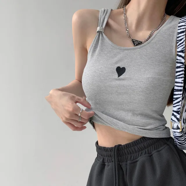 Love Embroidered Vest Women's Shoulder Straps Metal Ring Design Strap High Waist Skinny Grey - Shop at LoveMi