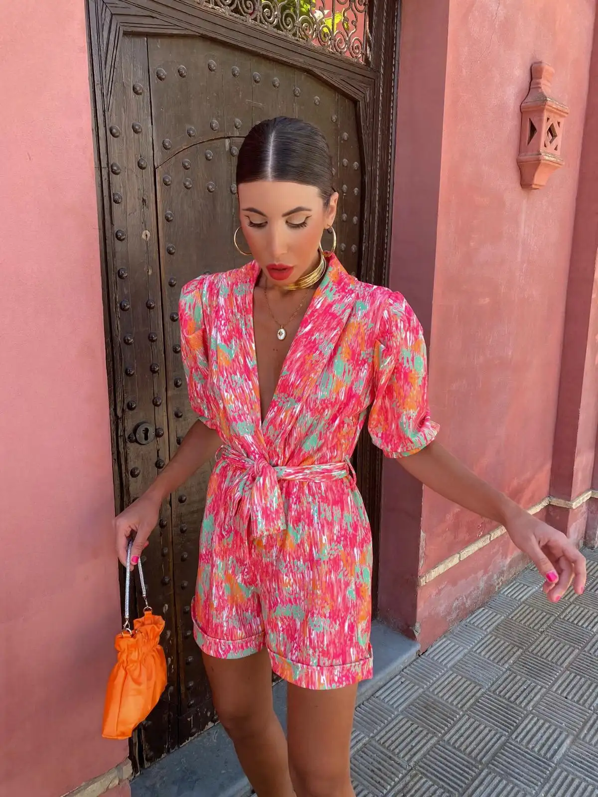 Bubble sleeved short sleeved printed waistband elastic jumpsuit