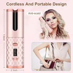 Portable Automatic Hair Curler, Ceramic Rotating Wireless Auto Curling Iron Wand, Portable USB Rechargeable Spin Curler For Hair Styling - Pink - View 1