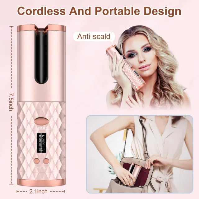 Portable Automatic Hair Curler, Ceramic Rotating Wireless Auto Curling Iron Wand, Portable USB Rechargeable Spin Curler For Hair Styling Pink - Shop at LoveMi