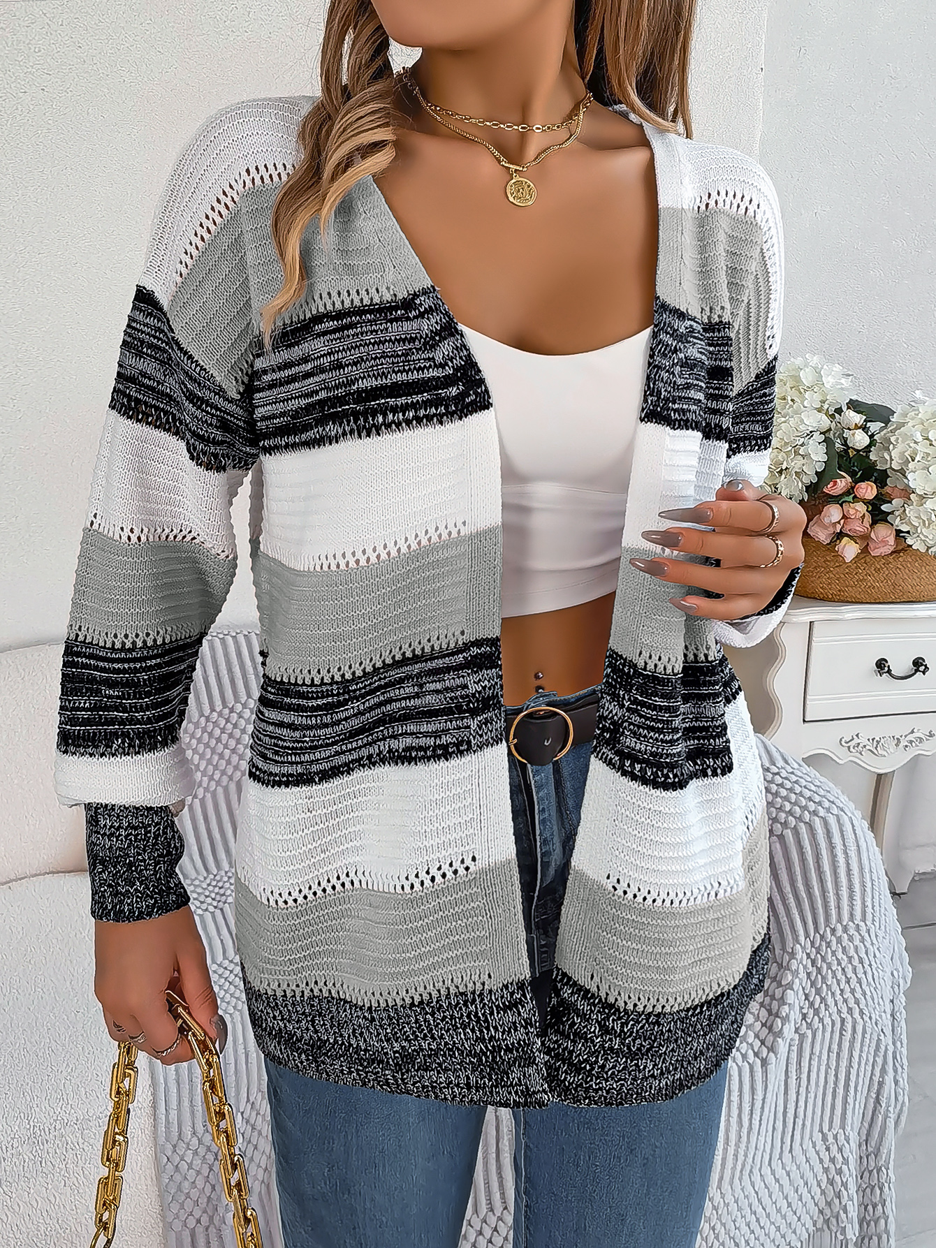 Women Casual Color Block Stripe Lantern Sleeve Cardigan Sweater Coat Koalakits36