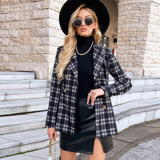 Autumn And Winter Long sleeved Double breasted Jacket With Collar Print Black - Shop at LoveMi