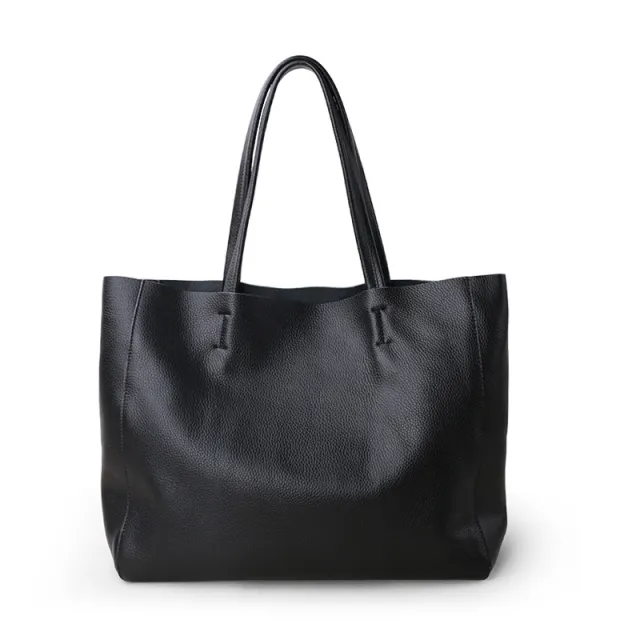 The First Layer Of Cowhide Large capacity Tote Bag Cowhide Simple Soft Leather Black - Shop at LoveMi