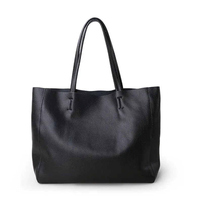 The First Layer Of Cowhide Large-capacity Tote Bag Cowhide Simple Soft Leather - Black