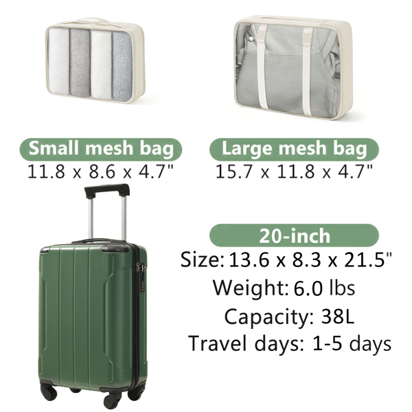 20-Inch Hardshell Carry-On Luggage, Lightweight Durable ABS Suitcase with Spinner Wheels, Built-in TSA Lock, 2 Packing Cubes, Green-29