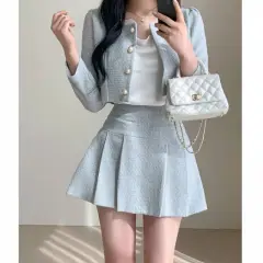 Round Neck Short Coat High Waist Slimming Pleated Skirt Two-piece Set - Gray Blue Suit - View 1