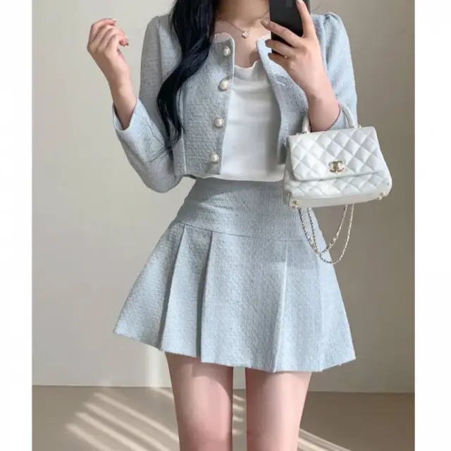 Round Neck Short Coat High Waist Slimming Pleated Skirt Two piece Set Gray Blue Suit - Shop at LoveMi