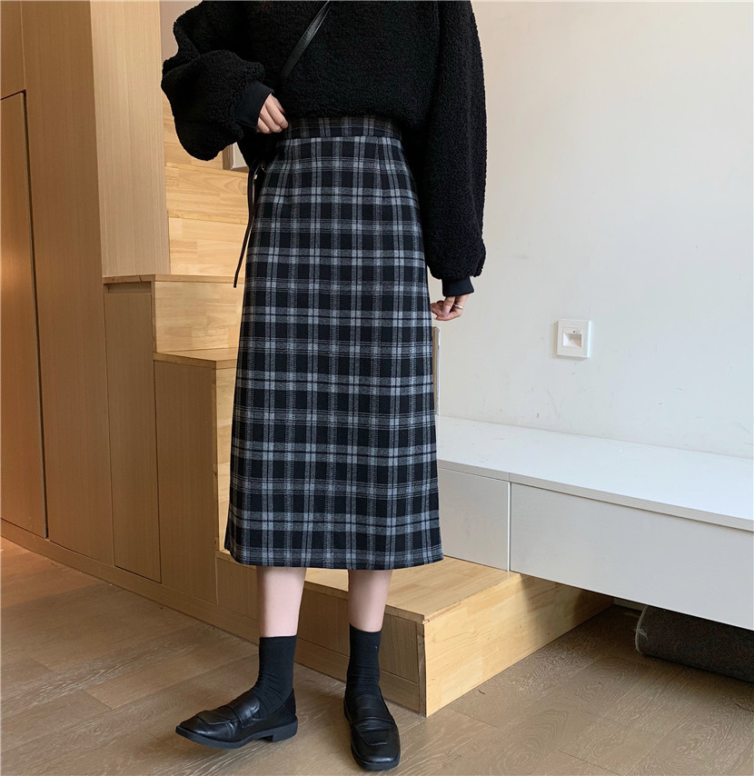 High Waist Retro Slim Mid length Skirt Woolen Plaid Coffee - Shop at LoveMi