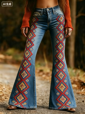 Fashion Retro Printed Flared Pants, Women's Jeans