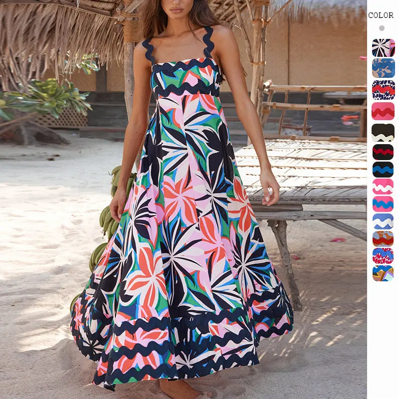 Flowers Print Wavy Pattern Suspender Long Dress for Women