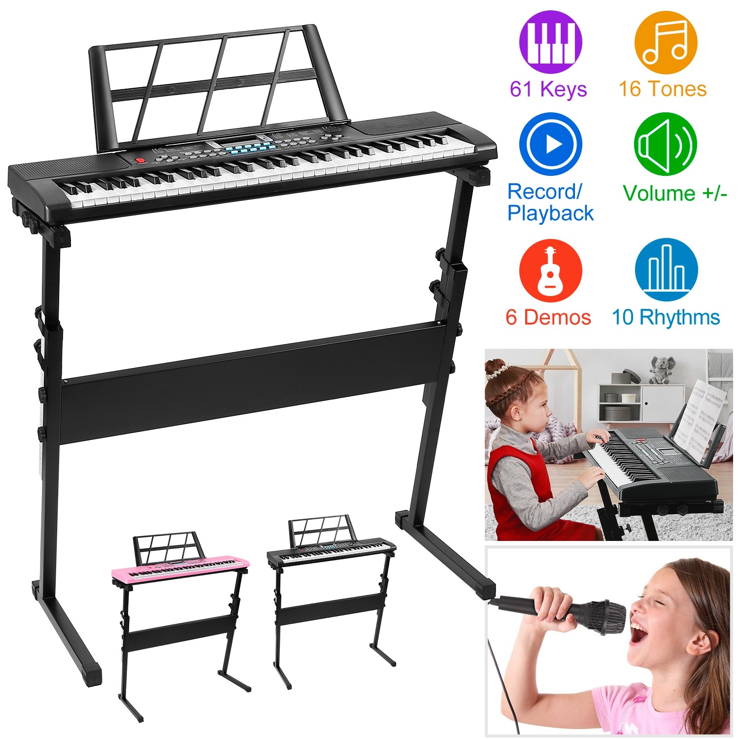1P 61 Keys Digital Music Electronic Keyboard Electric Musical Piano Instrument Kids Learning Keyboard With Stand Microphone For Beginners - Image 1