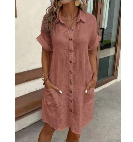Solid Color Linen Cotton Button Down Loose Shirt Dress