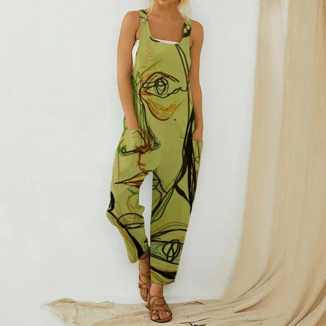 Summer Abstract Printing Loose Overalls Women's Cotton And Linen Overalls With Buttoned Overalls Green - Shop at LoveMi