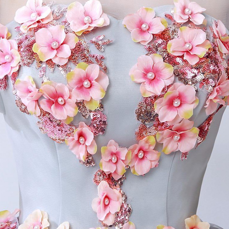Grey-Blue Evening Dress with Flower Decoration, picture 5 of 5