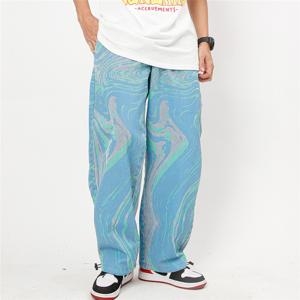 Washed Tie-dye Jeans Men's American Trendy Brand Loose Straight Trousers Casual Drawstring Trousers