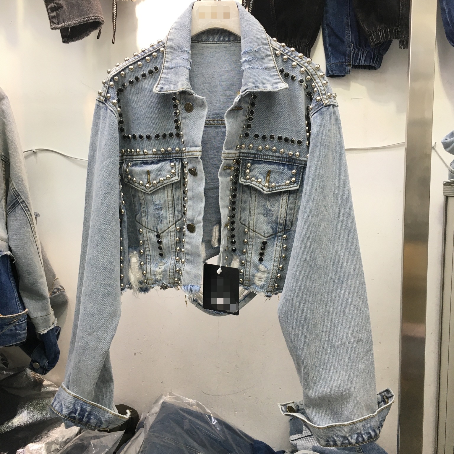 Heavy duty Rivet encrusted Denim Jacket Light Blue - Shop at LoveMi