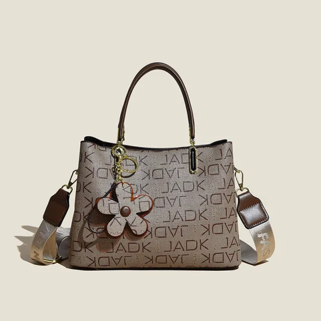 Printed Tote Bag With Flower Pendant New Temperament Shoulder Bag For Women Fashion Large capacity Crossbody Bag Khaki - Shop at LoveMi