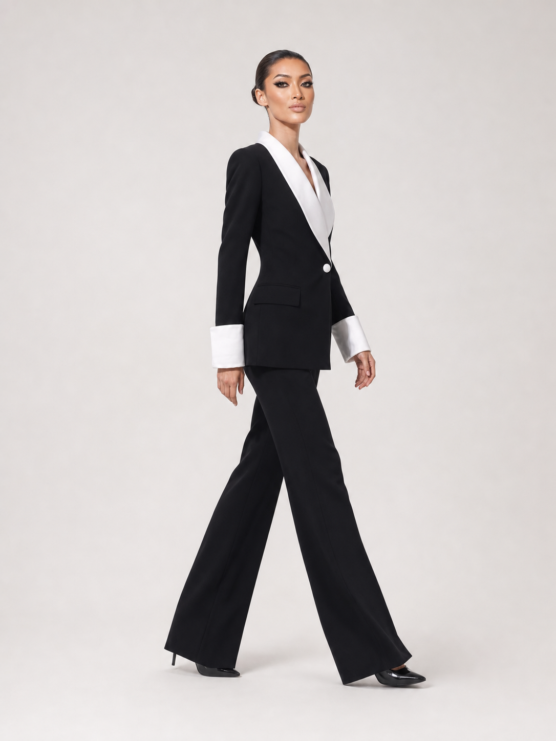 Black Contrast Satin Lapel Suit Two-Piece Set