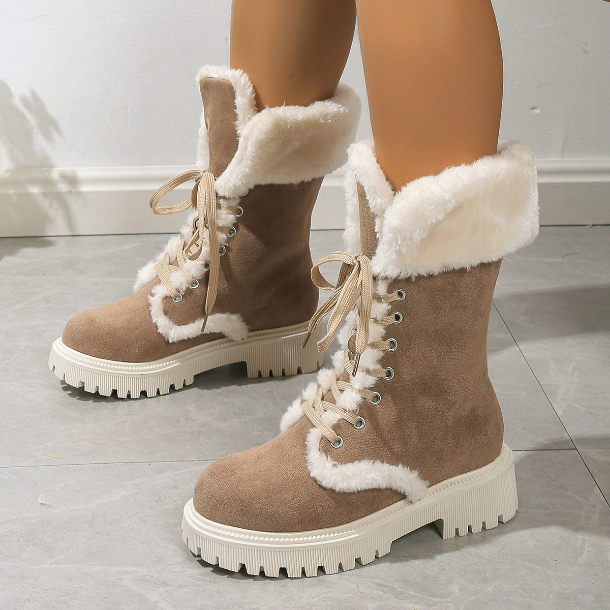 Winter Lace-up Snow Boots For Women Mid-tube Fleece Shoes Warm Chunky Heels Plush Boot - Image 1