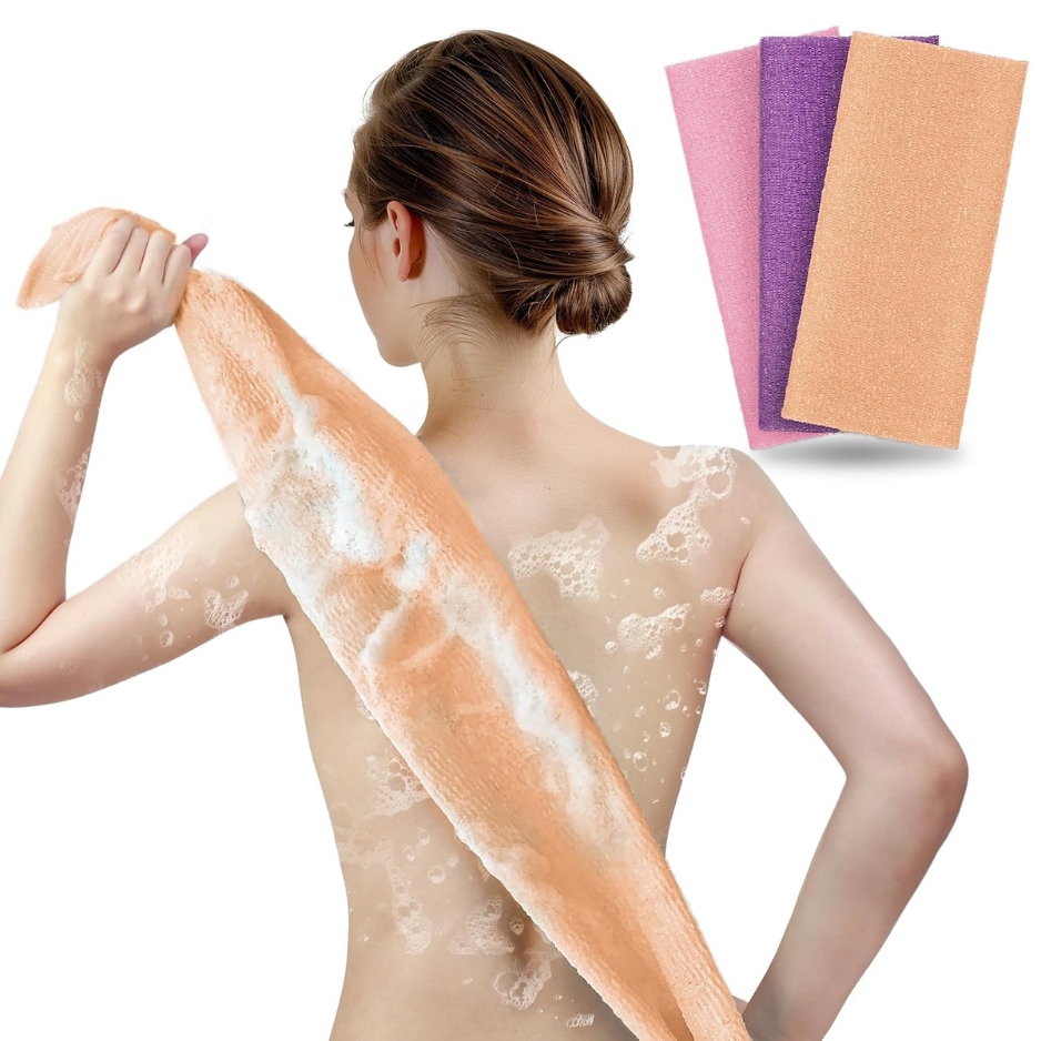 Exfoliating Shower Towel Body Scrubber, Peach Purple Pink, 3 Pack