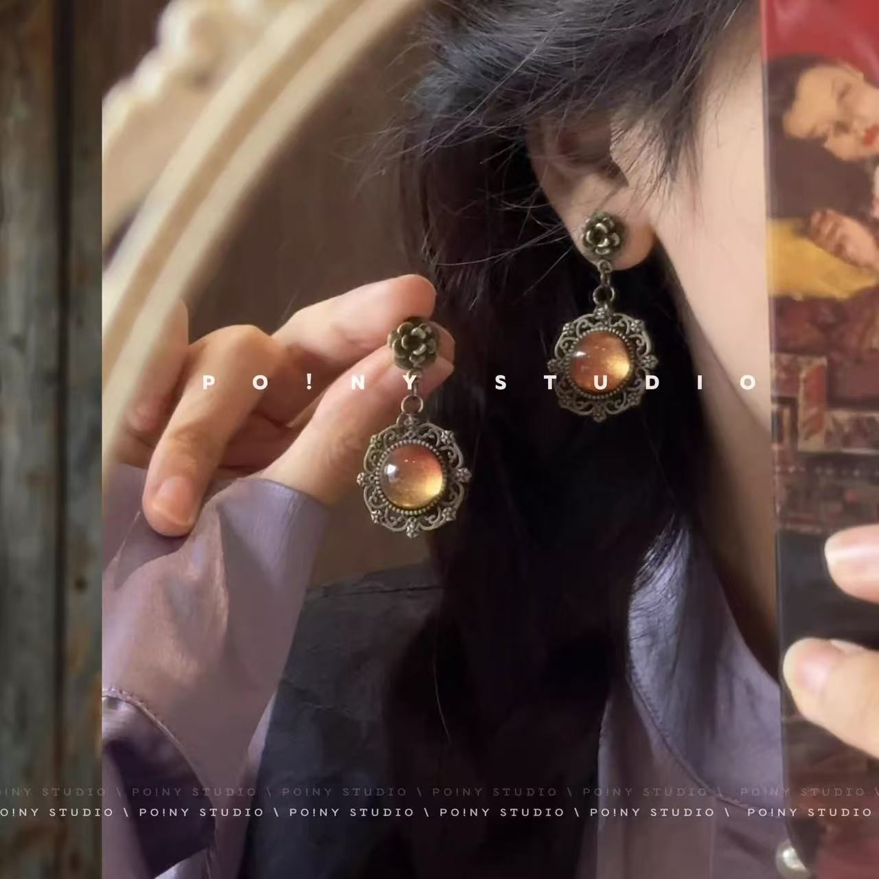 New Hollow Moonstone Studs, Elegant European Ethnic Earrings
