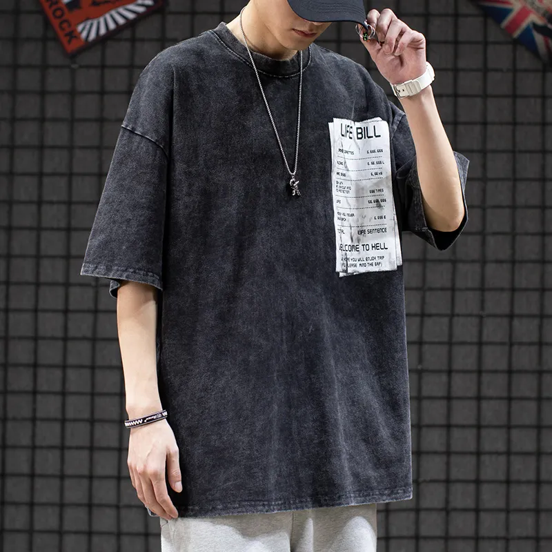 High Street Hip Hop Vintage Distressed Washed Loose Short Sleeve - Black