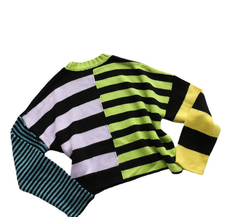 Contrast Stripe Irregular Stitching Knitted Sweater Women's Pullover