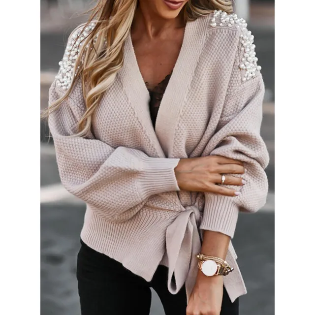 Women's Wide sleeved Cardigan Knit Sweater Lace up Top Sweater Women Apricot - Shop at LoveMi