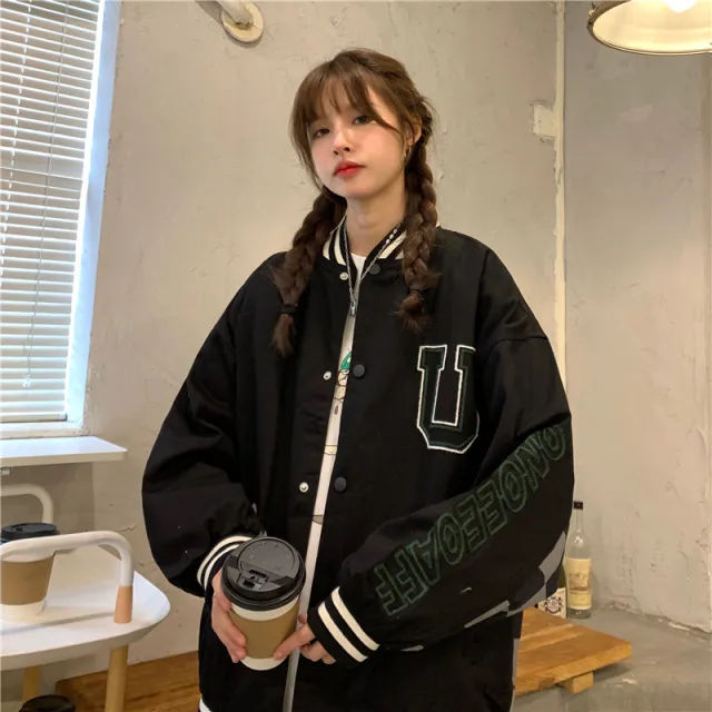 All match Lazy Wind Brushed Twill Thin Baseball Uniform Loose Sweater Jacket Black - Shop at LoveMi