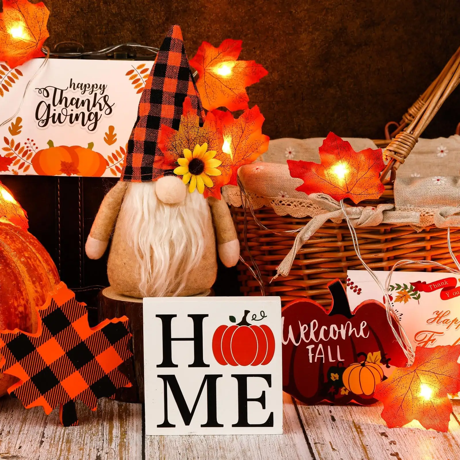 Fall Gnome Tiered Tray Decorations Set Farmhouse Pumpkin Decor Autumn Maple Leaf Table Centerpieces With Fall String Lights Thankgiving Day Fall Greeting Card A