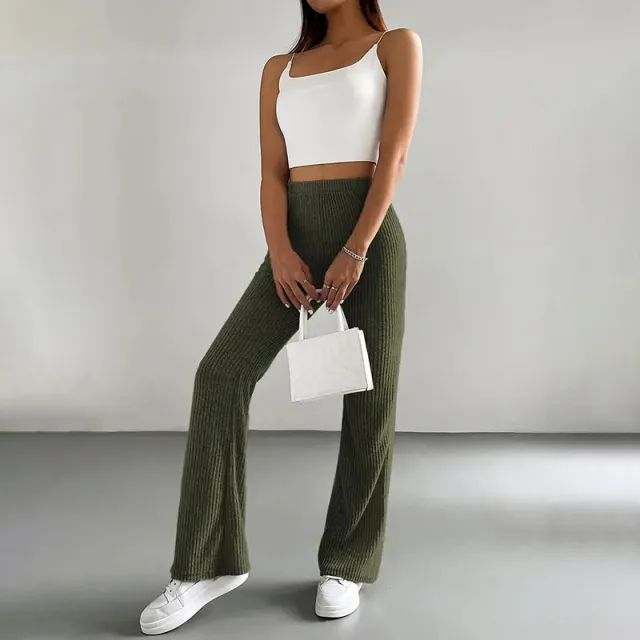 Women's Solid Color Rib Knit Jogger Pants, Casual Stretch Pull On Trousers For Spring And Fall Olive Green - Shop at LoveMi