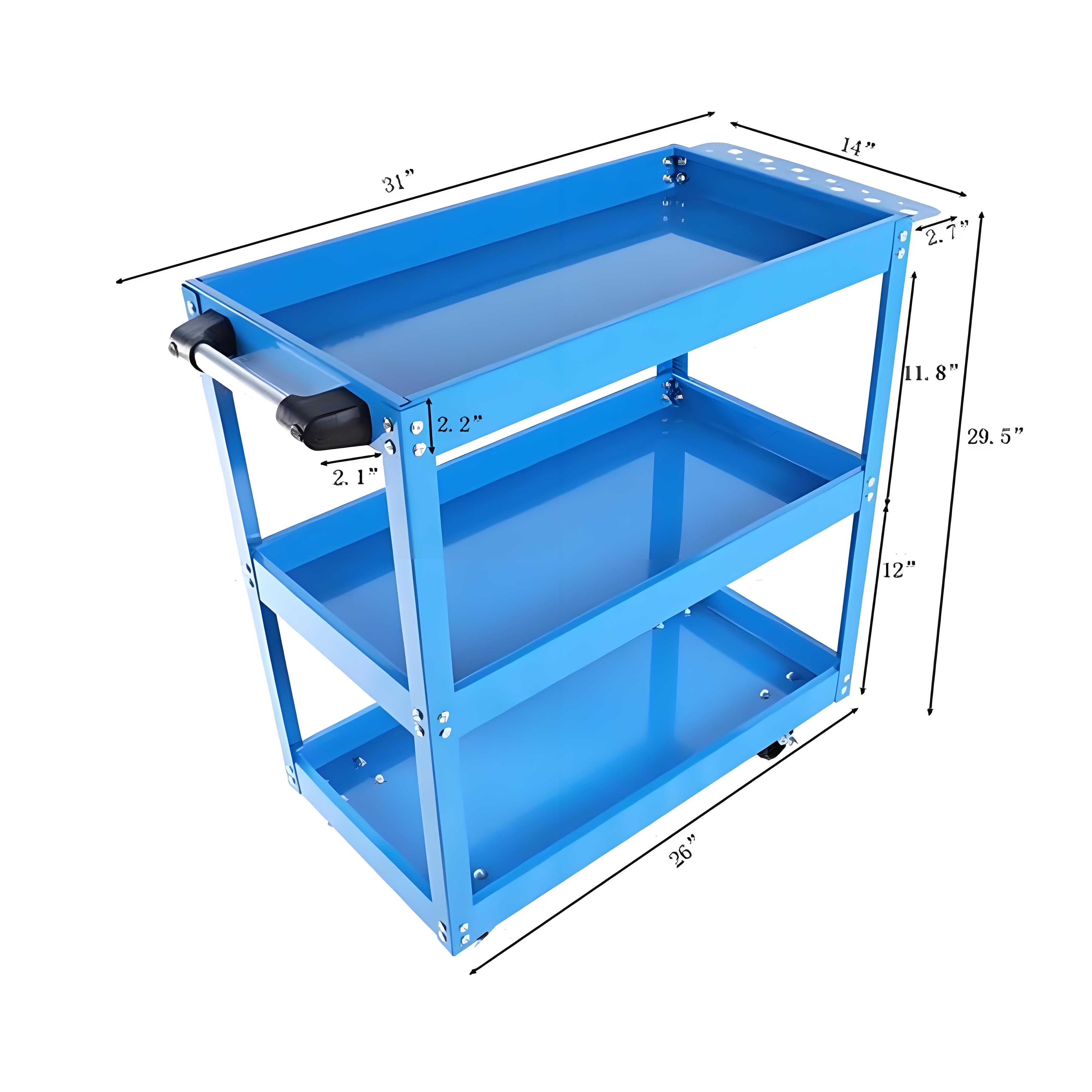 Upgrade 3-Tier Rolling Tool Cart With Lockable Wheels, Heavy Duty Steel Utility Cart, Kitchen Cart Organizer, Workshop Rolling Serving Cart For Garage, Warehouse, Blue