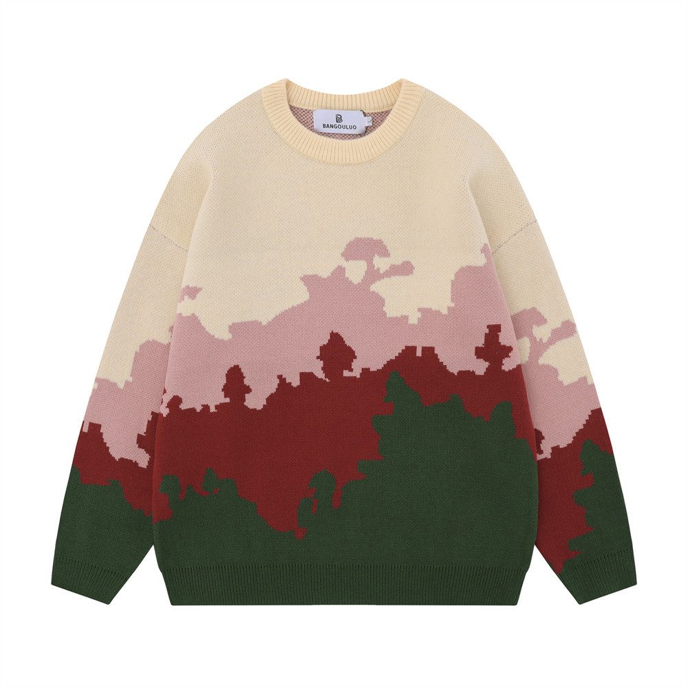 Title 4, Contrast Color Jacquard Gradient Sweater Round ...