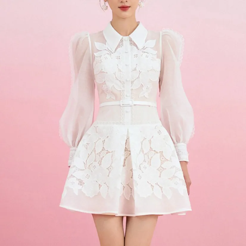 Embroidered Floral Jumpsuit Short A-line Skirt - White