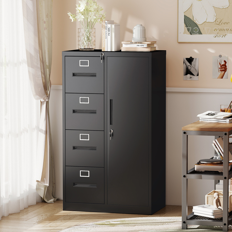 Metal Vertical Filing Cabinet W Lock, Steel File Locker W 4 Drawers & 1 Door, Black For School Living Room Bedroom Office