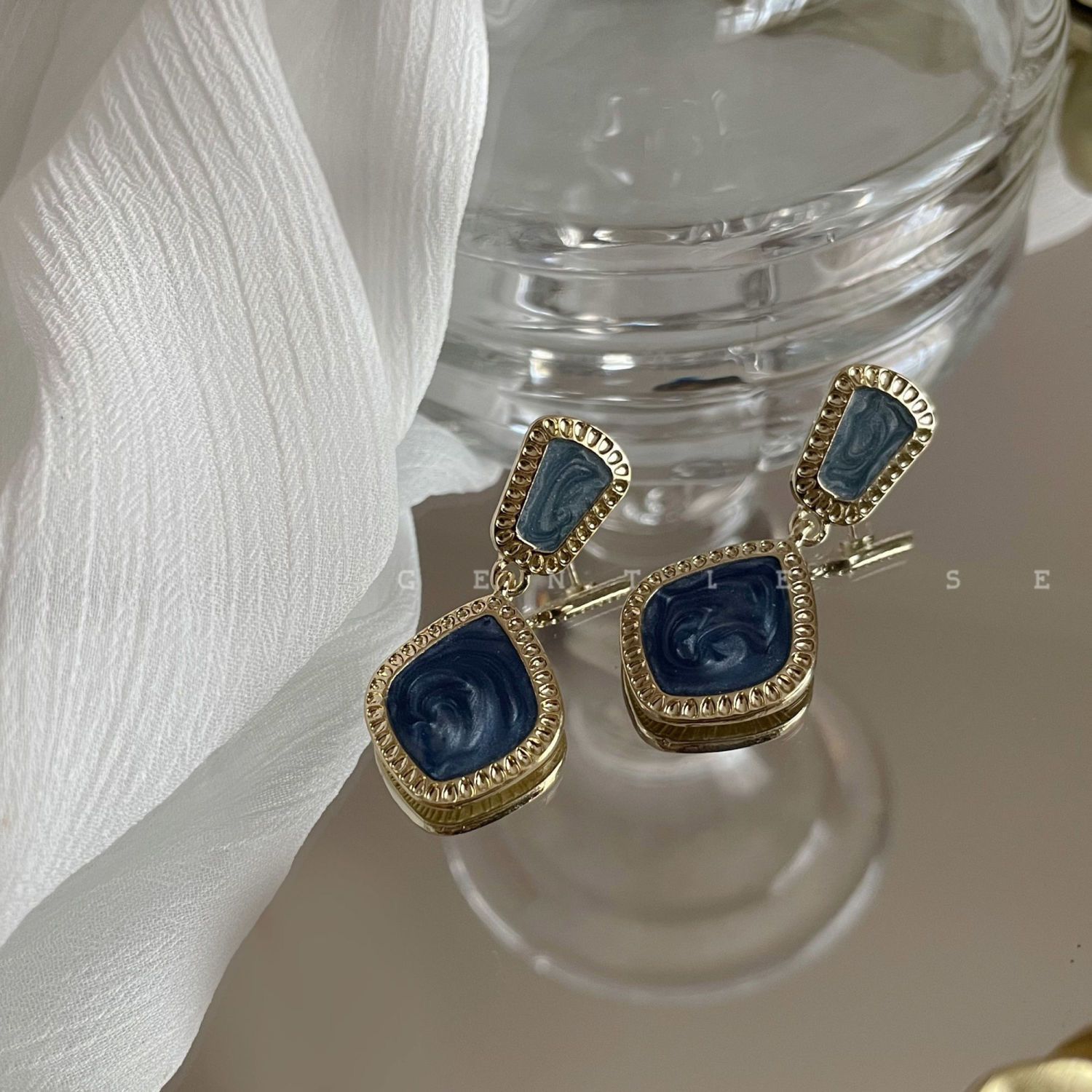 Misty Blue Gradient Geometric Earrings, Oil Painting Style French Jewelry