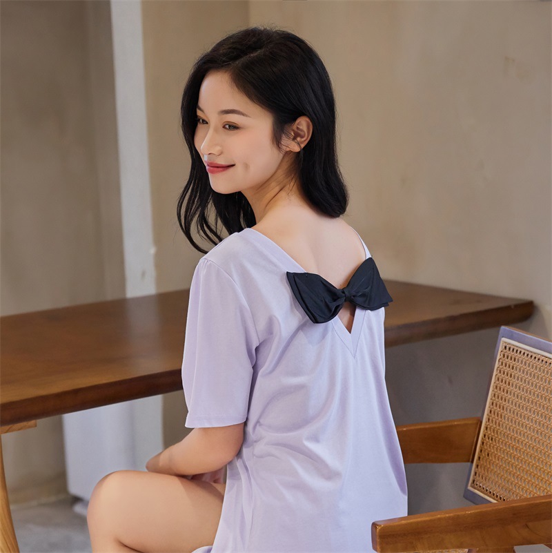 Title 5, Sexy Backless Pure Color Cotton Bow Nightdress