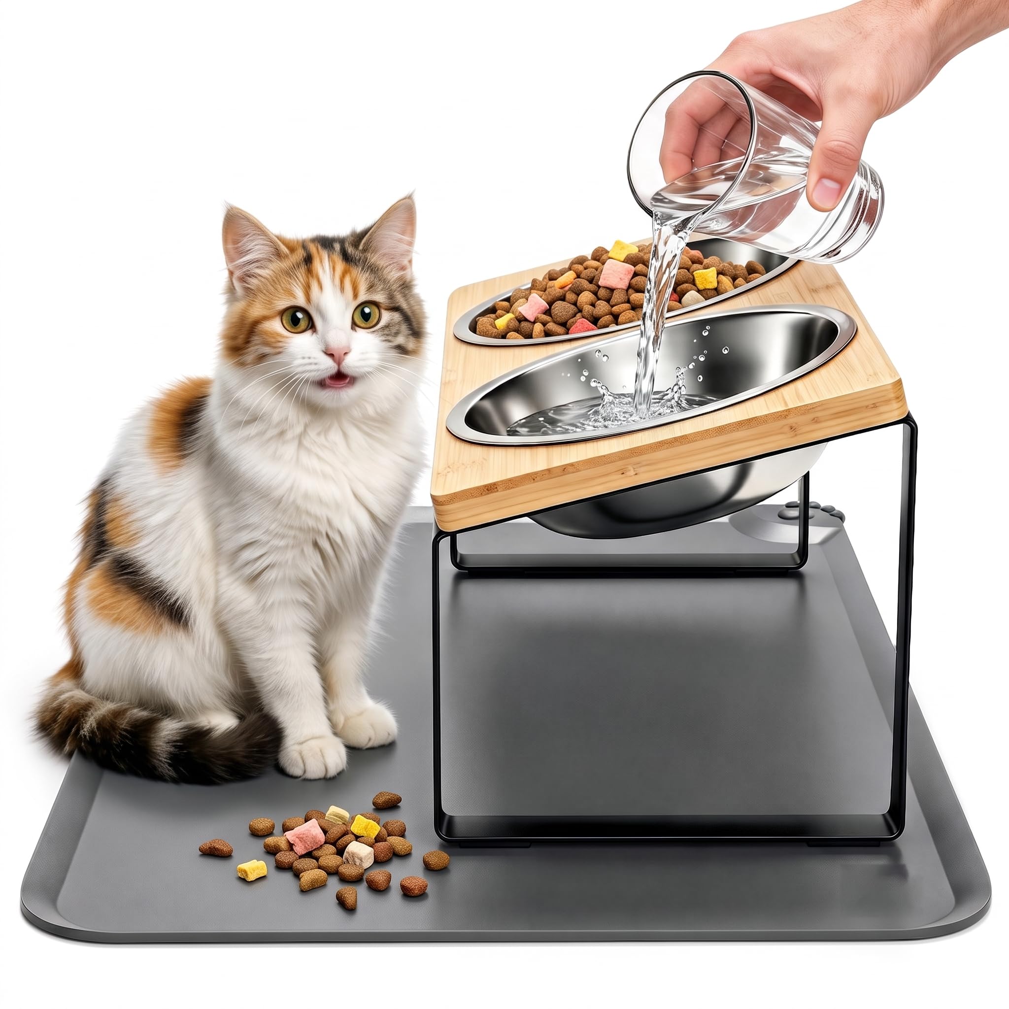 Elevated Tilted Cat Food Bowls With Mat, Stainless Stee 2 Water Bowls  Tilted Elevated Cat Feeder Anti-vomiting, Reduces Whisker Fatigue,  2 Detachable Stainless Bowls Fit Cats & Small Dogs