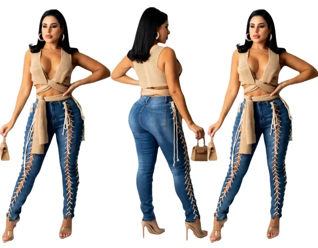 Eyelet Drawstring Elastic Sexy Slim Denim Trousers Blue - Shop at LoveMi