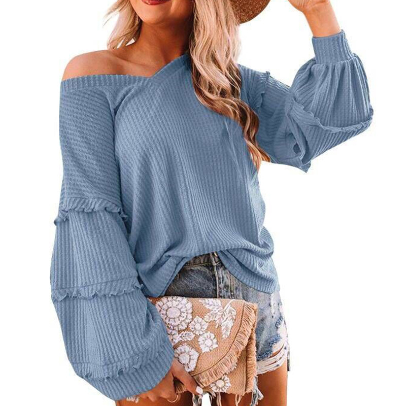 Title 2, V-neck Ruffled Lantern Sleeve Top