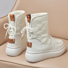 Women's Thick And Velvet Cotton Flat-bottomed Thick-soled Ankle Boots - White - View 1