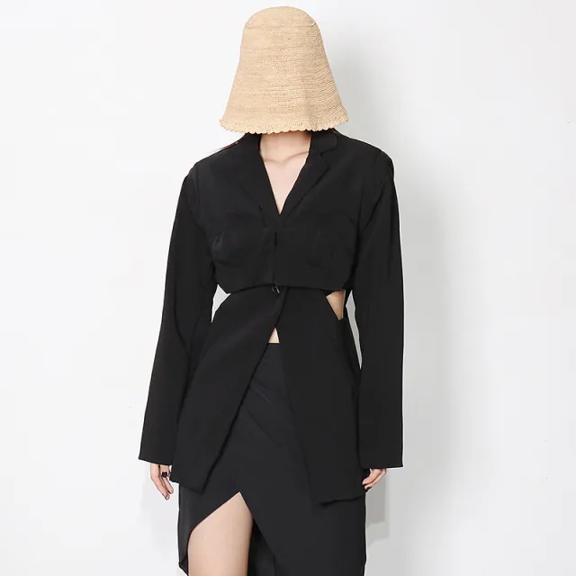 Shoulder Pad Waist Stitching Hollow Solid Color Small Suit Black - Shop at LoveMi