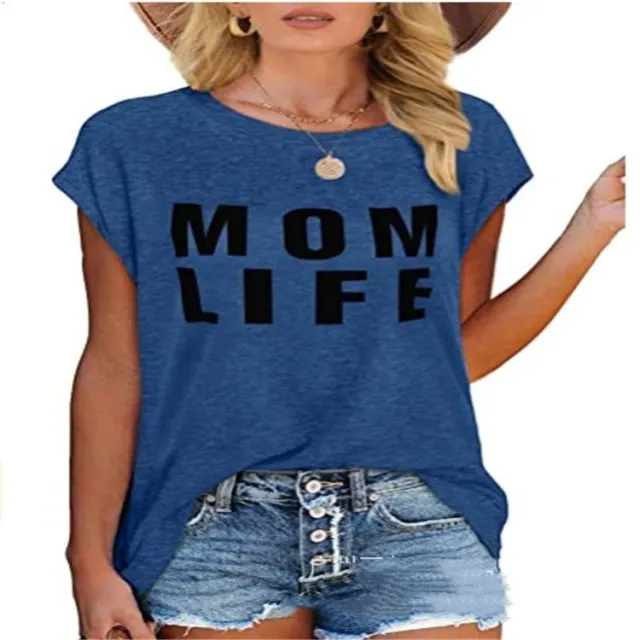 Casual Cotton Pullover Round Neck Loose Fitting Short Sleeves Blue - Shop at LoveMi