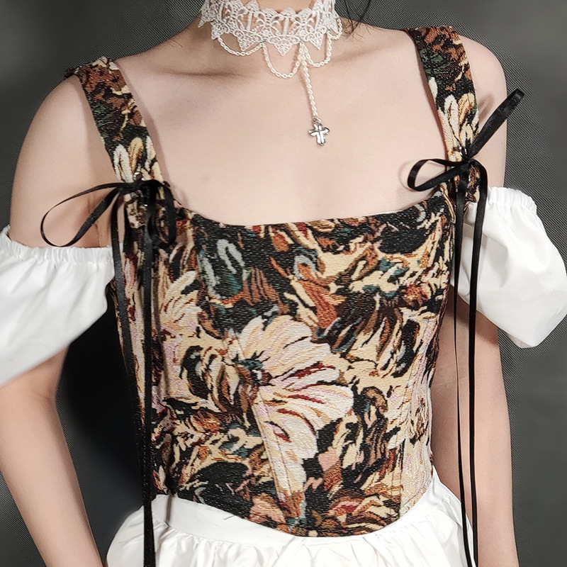 Women's Vintage Cropped Tie-Up Print Corset Top