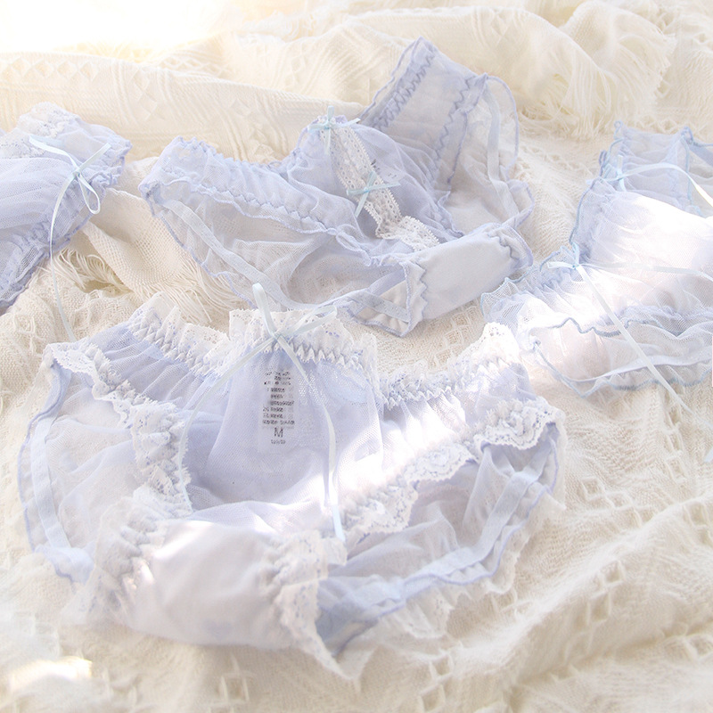 Title 6, Blue Lace Girly Bow Mid-waist Mesh Gauze Briefs