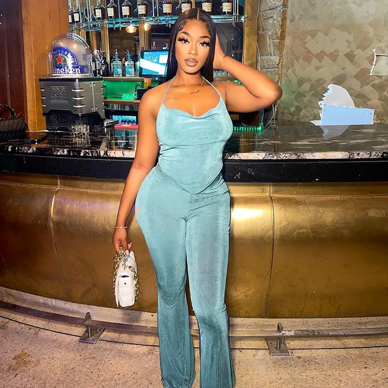 Ladies Fashion Lace Up Tube Top Slim Fit Hip Lift Casual Pants - Blue