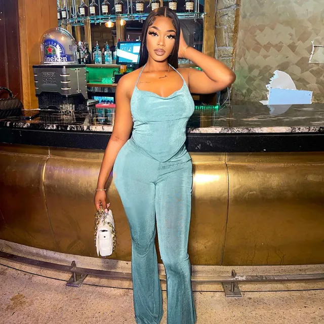 Ladies Fashion Lace Up Tube Top Slim Fit Hip Lift Casual Pants Blue - Shop at LoveMi